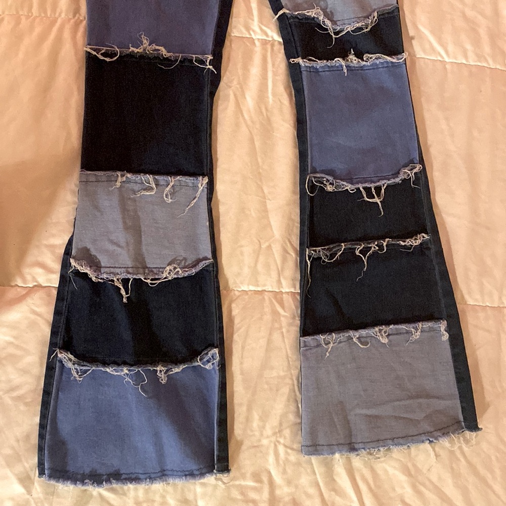 Jeans Patchwork Flared High-Rise Distressed Denim… - image 3